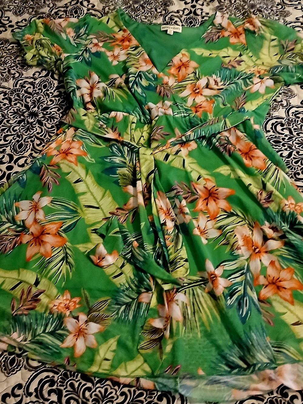 Inspired Hearts Green Floral Midi Dress with Orange & White Blooms